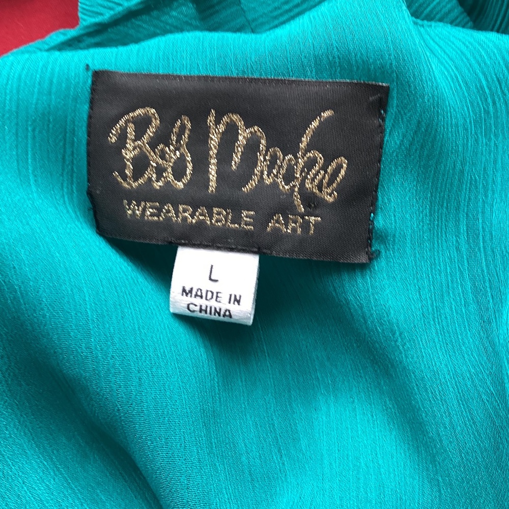 VTG BOB MACKIE WEARABLE ART SZ LARGE TEAL BATWING TOP BLOUSE SEQUINS EMBROIDERY - Picture 6 of 9